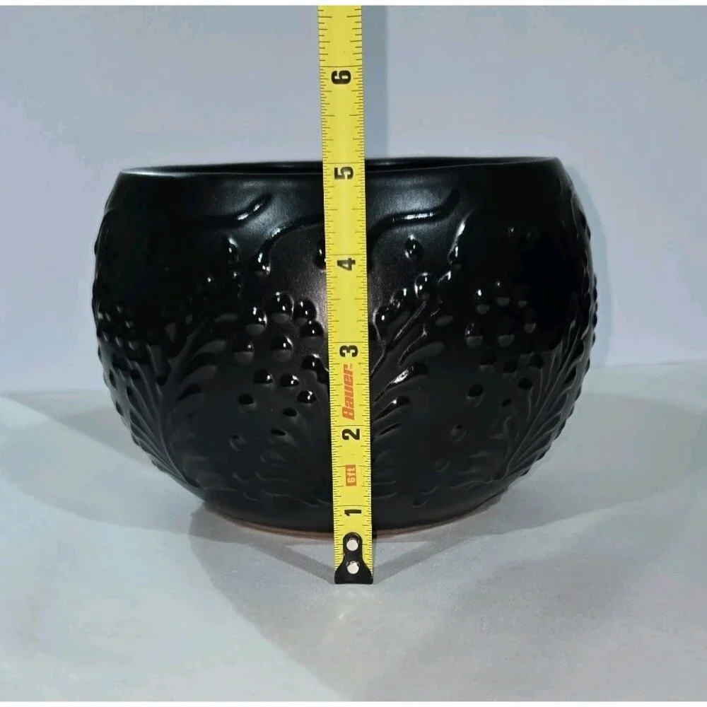 Black Round Planter 7 X 5 Inches Tall Hand Painted Mexican Art Clay Pot